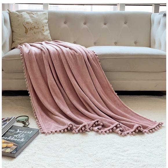 Dusty Pink Modern Trendy Pompom Fringe Chic Cozy Soft Throw Blanket/Cover - Picture 3 of 16